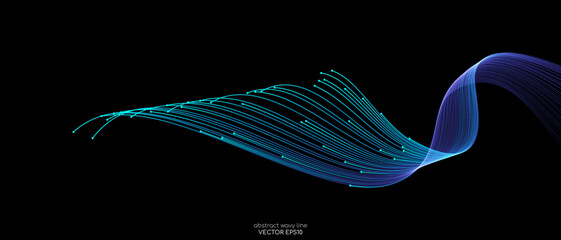 Fototapeta premium Vector abstract light lines wavy flowing dynamic in blue green colors isolated on black background for concept of AI technology, digital, communication, 5G, science, music
