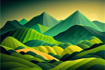Fototapeta na wymiar Abstract green landscape wallpaper background illustration design with hills and mountains. Generative AI