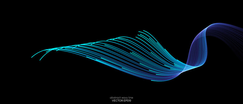 Vector abstract light lines wavy flowing dynamic in blue green colors isolated on black background for concept of AI technology, digital, communication, 5G, science, music