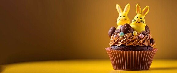 easter cupcake with yellow bunnies. Generative AI picture.