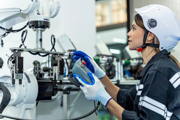 Team woman of engineers practicing maintenance Taking care and practicing maintenance of old machines in the factory so that they can be used continuously.