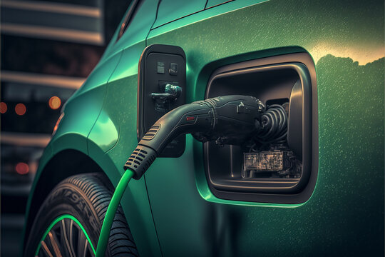 Generative AI illustration of EV electric car plugged charging at standalone station