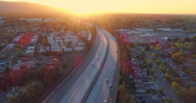 Aerial Of freeway 280 in Silicon Valley at sunset. Sunnyvale, USA