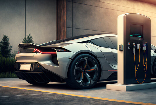 Generative AI illustration of modern luxury car at charging station