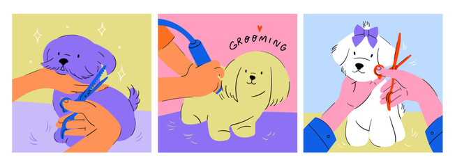 Grooming of a Dog. Pet grooming salon, professional animal care concept. Trimming dog with clipper, scissors. Cartoon style. Set of three hand drawn Vector illustrations. Logo, print, poster templates
