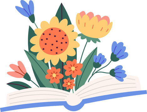 Open book with flowers flat icon Floral decor Wildflowers bouquet