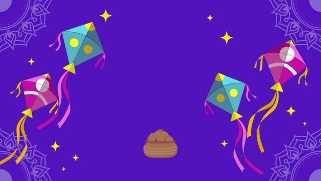 Happy Makar Sankranti (Uttrayan) Wish Animation Background with Colorful Kites.