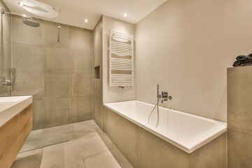 Interior of a modern bathroom with a bathtub