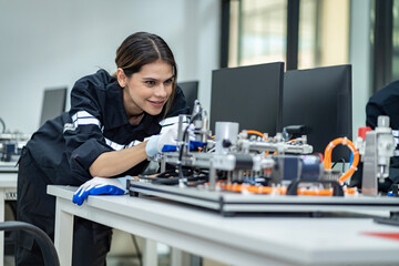 Obraz premium Team woman of engineers practicing maintenance Taking care and practicing maintenance of old machines in the factory so that they can be used continuously.