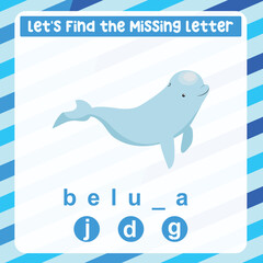 Missing letter worksheet. Complete the letters for sea animal name in English. Kids educational game. Printable worksheet for preschool. Writing practice. Vector file.