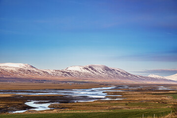 Typical autumn landscape with the first snow in the north of Iceland