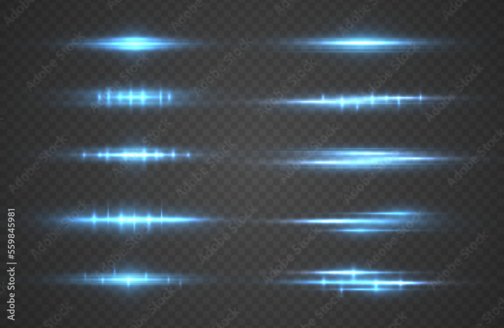 Fototapete Magic soft horizontal neon lines. Set of abstract lens flares. Flash luminous blue line motion. Laser sparkle beams, glowing speed rays, sparks light effect. Luminous sparkling lined. Vector