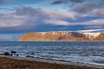 Autumn landscape by Isafjardardjup fjord, North Iceland