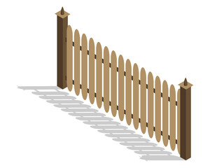 Isometric fence icon. Urban real estate boundary element. Spans fences of wooded and steel materials. For gaming environment, app or web design