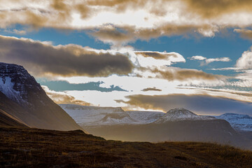 Evening landscape at the fjord Isafjardardjup in North Iceland