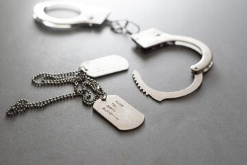 a military badge and handcuffs on a dark background