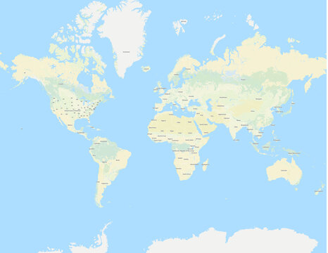 topografische Weltkarte mit hellblauen Ozeanen 