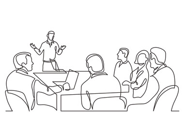 diverse office workers ask questions to presentation speaker in meeting room continuous line drawing PNG image with transparent background