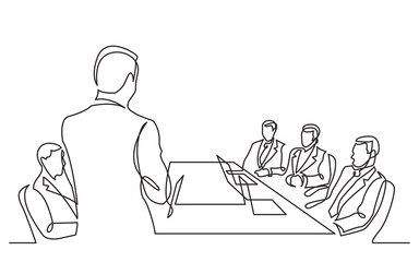 team member speaking at board meeting before business executives continuous line drawing PNG image with transparent background