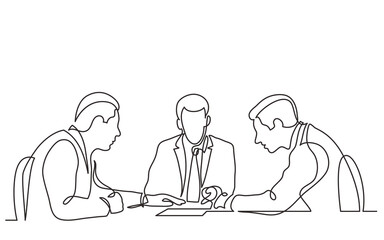 three businessmen discuss details of business deal during metting continuous line drawing PNG image with transparent background