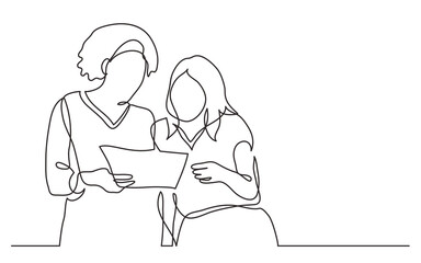 two diverse team members discuss work project on paper during metting continuous line drawing PNG image with transparent background