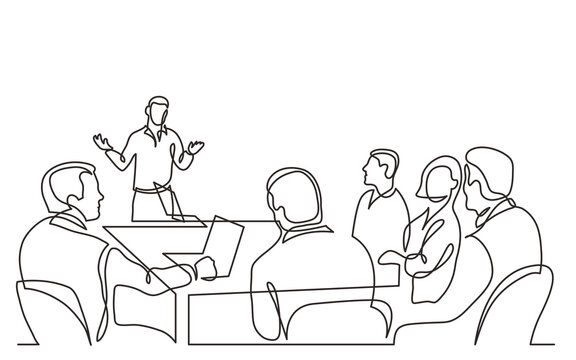 diverse office workers ask questions to presentation speaker in meeting room continuous line drawing PNG image with transparent background