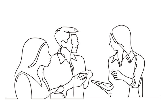 three diverse young professionals holding smartphones discussing work as team continuous line drawing PNG image with transparent background