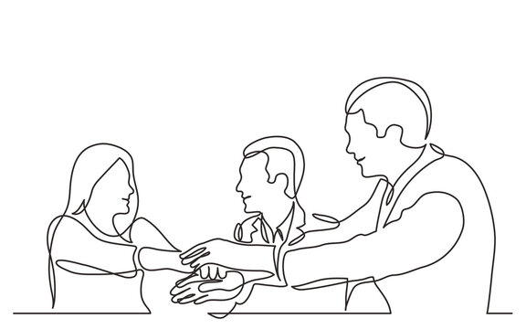 three smiling office workers holding hands together as team continuous line drawing PNG image with transparent background