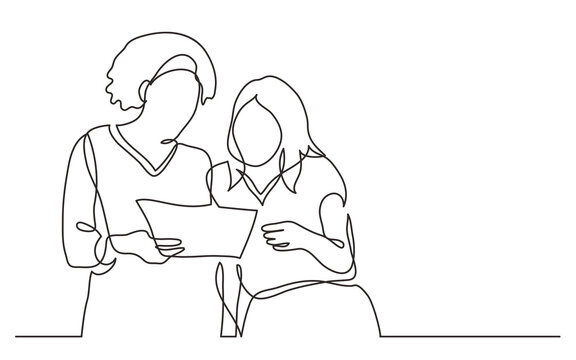 two diverse team members discuss work project on paper during metting continuous line drawing PNG image with transparent background