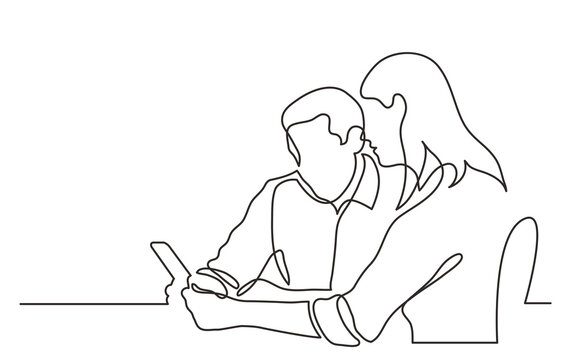 two young professionals discussing project as team on tablet continuous line drawing PNG image with transparent background