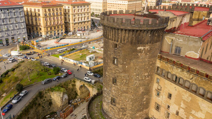 Aerial view of a tower of Maschio Angioino, a medieval castle located in Municipio square in the...