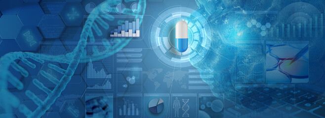 3d rendering of medication, DNA strand and charts. Conceptual background about pharmaceutical research for genetic disorders.