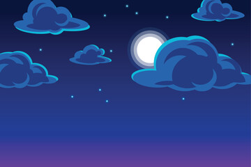 Night fullmoon sky with fluffy clouds. Cartoon vector clouds.