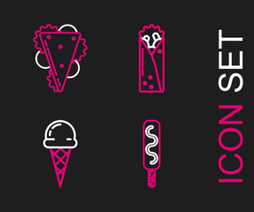 Set line Ice cream, in waffle cone, Doner kebab and Sandwich icon. Vector