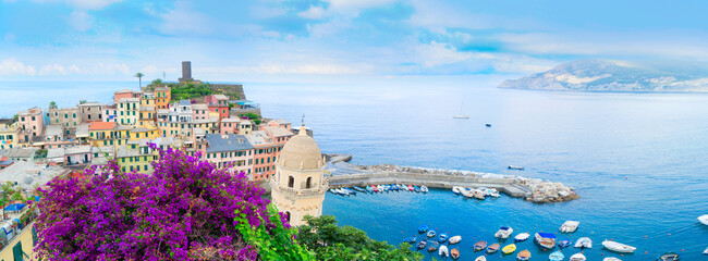 view of Vernazza pituresque town and habour of Cinque Terre from above, Italy, web banner format