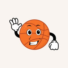 Cute basketball cartoon mascot character smiling. Vintage doodle style illustration concept