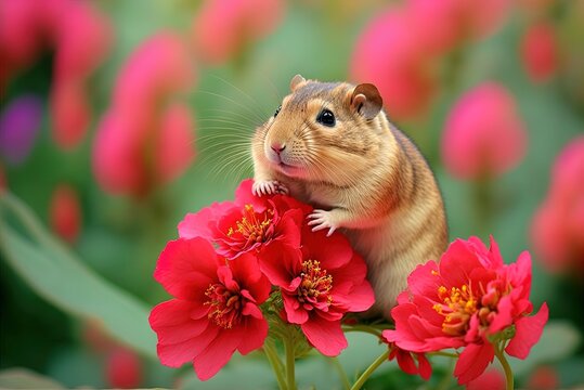 A fat-tailed gerbil creeps over a crimson blossom, endearing us with its cuteness. Generative AI