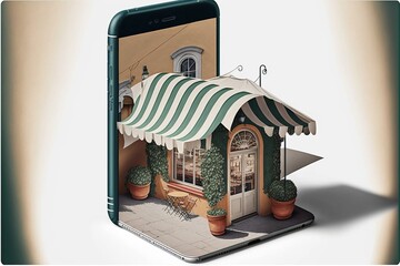 Small shop with awning coming out of the cell phone screen. AI