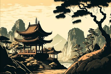 Landscape with Chinese temple and mountains in the background, style anime. Digital illustration. AI