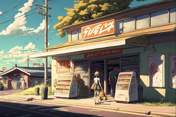 Fototapeta premium Girl on the street in front of a grocery store, anime style. AI digital illustration