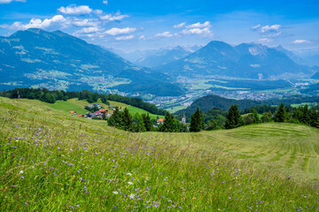 Fototapeta na wymiar On the way to the Gurtisspitze in Gurtis, overlooking the Walgau Valley, Vorarlberg. Austria