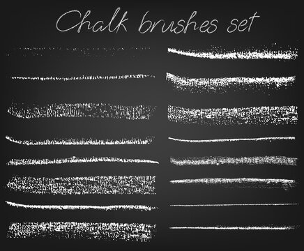 Set of vector chalk art brushes. Chalk textures of different shapes. Hand drawn design elements on chalkboard background. Vector illustration