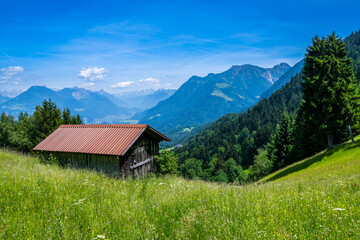 Fototapeta na wymiar On the way to the Gurtisspitze in Gurtis, overlooking the Walgau Valley, Vorarlberg. Austria