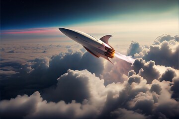 Fototapeta premium Hypersonic rocket flies above the clouds. Generative AI