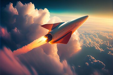 Hypersonic rocket flies above the clouds. Generative AI