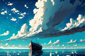 Fototapeta na wymiar Landscape with boat on sea sky and clouds, anime style. AI digital illustration