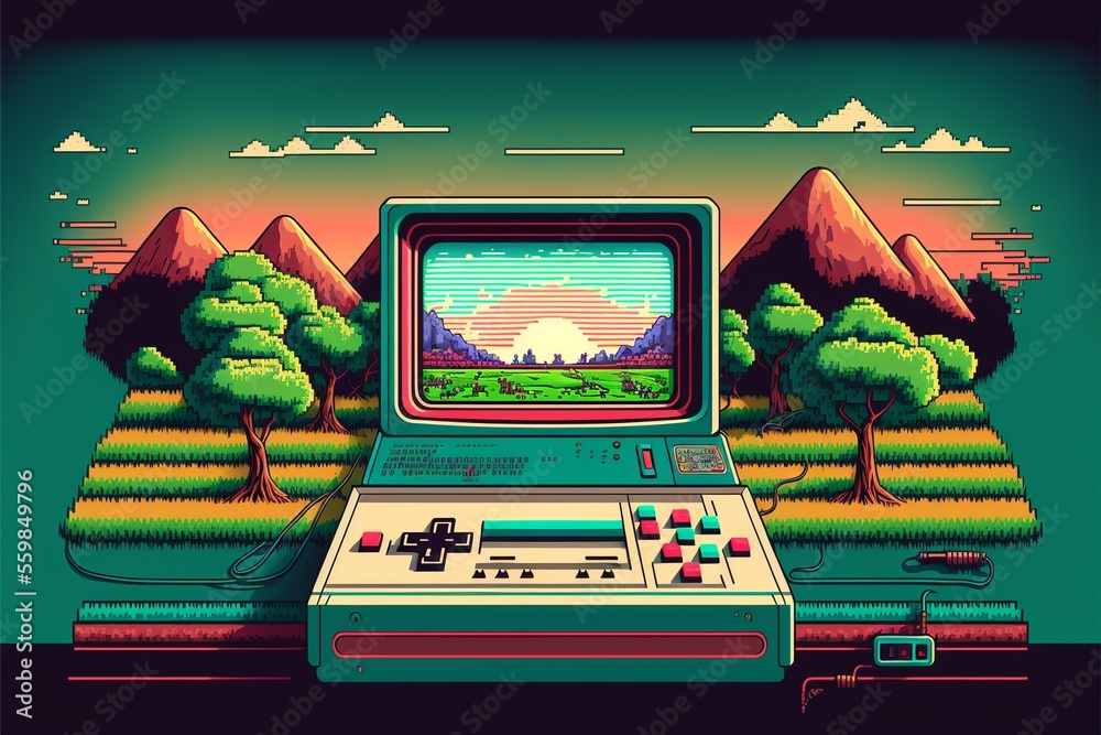 Wall mural Old video game console, 80s, retro, 8 bit, with landscape in the background. Digital illustration AI