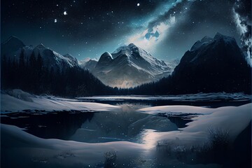Icy lake and a snowy winter forest at night. Generative AI