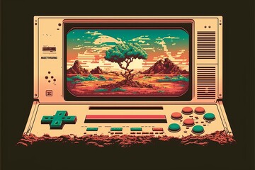 Old video game console, 80s, retro, 8 bit, with landscape in the background. Digital illustration AI