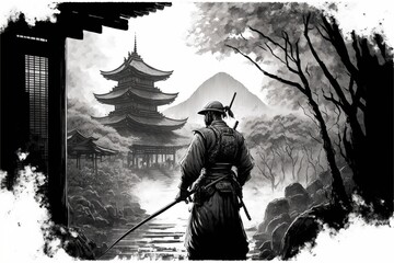 Samurai warrior with temple and mountains in background. AI digital illustration